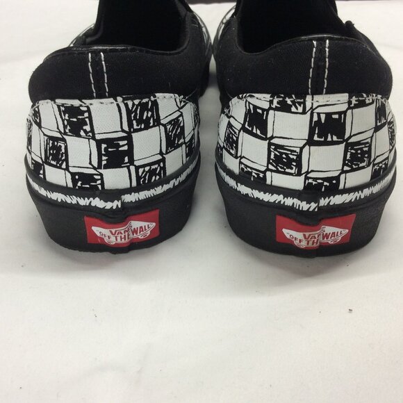 Vans Skate Shoes Men 7.5 Women 9 Black White Canvas Doodle Checkerboard Slip On - Picture 6 of 9